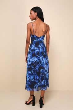 A confident babe like you will always shine when you walk in wearing the Lulus Beautiful Persona Blue Floral Chiffon Cowl A-Line Midi Dress! Lightweight woven chiffon, with a moody floral pattern throughout, shapes this mesmerizing dress that has adjustable spaghetti straps and a bodice with a cowl neckline. Fitted waist tops an A-line skirt that falls to a midi hem. Hidden zipper/clasp at back. Fit: This garment fits true to size. Length: Mid-calf length. Size medium measures 47.5" from adjusta Blue Chiffon Maxi Dress With Spaghetti Straps, Flowy Blue Chiffon Midi Dress, Blue Chiffon Midi Dress For Beach, Blue Chiffon Midi Dress For The Beach, Blue Silk Midi Dress For Date Night, Blue Floral Print Maxi Dress For Night Out, Blue Floral Maxi Dress For Night Out, Summer Chiffon Midi Dress For Night Out, Chic Flowy Blue Midi Dress