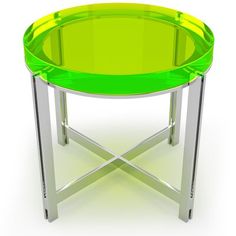 a green glass table with chrome legs on an isolated white background for use as a side table