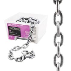 a large chain is shown next to a box with an empty tag on it's side