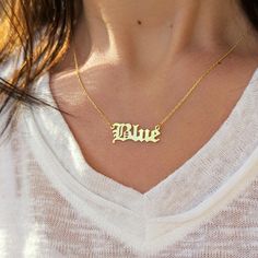 14k Solid Gold Name Necklace For Women, Handmade Custom Name Necklace, Birth Date Necklace, Valentines Day Gift, Personalized Gift For Mom, P E R S O N A L I Z E D ∙ J E W E L R Y ❤ Handmade with love ❤ 🧿 Welcome to GDjeweltr. All our jewelery is made by handmade in our workshop as custom. The most unique gift you can find for you and your loved ones ♥ Please take a look my store to see our handmade necklaces, rings, earrings and bracelets collection. ⭐ Item Details: * Material: 14K Solid Gold * Finish: 14K Yellow Gold, 14K White Gold, 14K Rose Gold. * First Initial height: 9 mm * Chain width: 0.85 mm * 14K weight: 1,75 gr (for 18", ±10%) ✅ Making Process : All of our jewelry are handmade, carefully handcrafted and made to order. All of our products are produced by hand workmanship for ± Personalized Blue Necklaces For Anniversary, Personalized Blue Necklace For Anniversary, Personalized Engraved Blue Jewelry Gift, Personalized Blue Engraved Jewelry, Personalized Engraved Blue Jewelry, Blue Engraved Necklace For Anniversary, Personalized Blue Jewelry For Gift, Date Necklace, Bracelets Collection