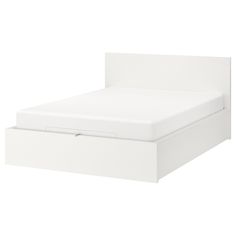 a white bed frame with two drawers on each side and an open drawer underneath it