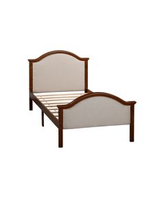 a wooden bed frame with white upholstered headboard and foot board, on an isolated background