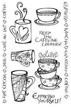 some coffee cups and mugs with the words keep calming coming in black ink