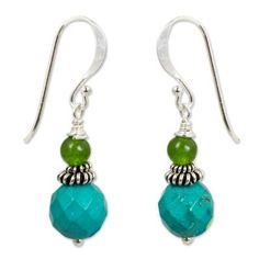 These beaded dangle earrings presented by Thai artisan Siriporn feature refreshingly minty shades of green and blue. The earrings are handcrafted with dyed turquoise-blue calcite and dyed green quartz and accented by sterling silver beads..925 Sterling silver Native Indian Jewelry, Best Earrings, Green And Turquoise, Beaded Leaf, Mint Julep, Green Quartz, Colorful Earrings, Beaded Dangle Earrings, Online Earrings