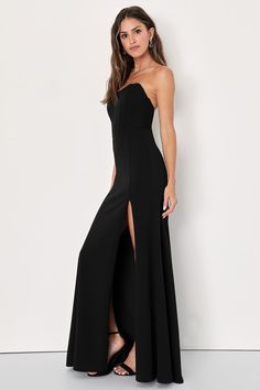 We are obsessed with the idea of dancing the night of the way in glamorous fashion with the Lulus Passionate Admiration Black Strapless Bustier Maxi Dress! Take everyone's breath away with this sensational dress that features a stretchy crepe knit construction that shapes a sultry sweetheart neckline and a strapless, bustier-inspired bodice with supportive boning and hidden no-slip strips. A fitted waist tops a figure-skimming skirt that boasts a mermaid-style silhouette as it falls to a sweepin Party Strapless Dress With Corset Back And Fitted Bodice, Backless Strapless Dress With Fitted Bodice For Gala, Strapless Fitted Bodice Backless Dress For Gala, Glamorous Evening Dress With Fitted Bodice, Strapless Corset Dress For Evening With Fitted Bodice, Strapless Mini Dress With Boned Bodice For Night Out, Sweetheart Neckline Corset Dress With Boning For Date Night, Glamorous Strapless Dress With Corset Back For Cocktail, Fitted Backless Dress With Spaghetti Straps For Gala