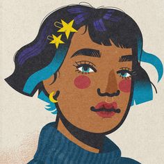 a drawing of a woman with blue hair and stars on her forehead