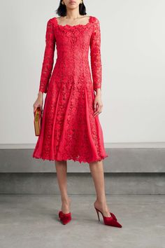 OSCAR DE LA RENTA Silk-chiffon trimmed guipure lace midi dress Spring Gala Midi Dress With Lace Trim, Spring Gala Lace Midi Dress, Spring Lace Midi Dress For Gala, Elegant Spring Lace Dress For Gala, Elegant Lace Dress For Spring Gala, Elegant Spring Gala Lace Dress, Elegant Tea Length Lace Cocktail Dress, Elegant Tea-length Lace Cocktail Dress, Elegant Lace Work Midi Dress For Evenings