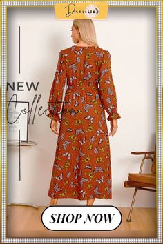 Butterfly Print Belt Long Sleeve V-neck Maxi Dress Brown V-neck Midi Dress, Floral Print V-neck Dress For Fall, Casual V-neck Maxi Dress For Fall, Casual Maxi Dress With Surplice Neckline For Fall, Casual Maxi Dress With Surplice Neckline For Daywear, Brown V-neck Dress For Spring, Fall V-neck Printed Dresses, Printed V-neck Maxi Dress For Daywear, Printed V-neck Midi Dress For Daywear