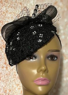 Black Sequin Lace Teardrop Rhinestone Fascinator Half Hat for Church Head Covering, Weddings, Tea Parties and  Other Special Occasions The hat is trimmed with rhinestones and hat pin. The hat pin may vary.  The hat affixes to the head via a hatstring.  The hat measures approximately 6 X 8 inches. Handmade Gifts for mom, sister, wife, or yourself. Luxury Black Hat With Rhinestones, Black Gatsby Style Fascinator For Evening, Black Gatsby Fascinator For Evening, Adjustable Black Fascinator For Vintage Events, Gatsby Style Black Fascinator For Parties, Black Gatsby Style Fascinator For Party, Black Gatsby Fascinator For Parties, Black Gatsby Style Party Fascinator, Elegant Headband Fascinator For Vintage Events