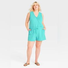 Universal Thread Plus Size Sleeveless Shorts Romper, Turquoise Turquoise Tank Top For Summer, Turquoise Sleeveless Tank Top For Summer, Casual Turquoise Tank Top For Summer, Turquoise Tank Top For Spring, Tan Jumpsuit, Terry Romper, Black Overalls, Shorts Romper, Knit Jumpsuit