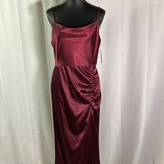 Nwt Betsy & Adam Raisin Red Draped Neck Side Ruched Evening Gown New With Tags, Excellent Condition. Size 10 Length: Approx. 62 Inches Bust: 18.5 Inches Waist: 17 Inches Hips: 21 Inches *Measurements Taken Lying Flat Red Prom Dress With Ruched Back, Red Fitted Draped Maxi Dress, Red Ruched Back Dress For Night Out, Red Ruched Satin Evening Dress, Holiday Ruched Dress For Dinner, Sleeveless Prom Dresses With Ruched Sides, Red Pre-draped Maxi Dress For Party, Red Ruched Maxi Dress For Formal Occasions, Red Draped Dress With Ruched Bodice