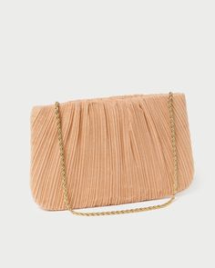 Flat pleated pouch in glitter beauty pink organza. Features a removable twisted gold metal chain strap, frame closure, full lining, and interior card slot. Beige Feminine Evening Bag, Feminine Beige Evening Bag, Feminine Rectangular Evening Bag For Party, Feminine Gold Evening Bag For Party, Gold Feminine Evening Bag For Formal Occasions, Feminine Gold Evening Clutch, Beige Evening Bag With Chain Strap For Formal Occasions, Gold Feminine Clutch For Formal Occasions, Feminine Clutch Evening Bag For Party