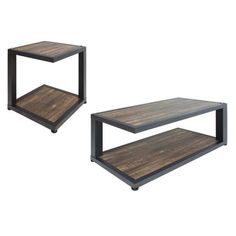 two wooden tables sitting next to each other