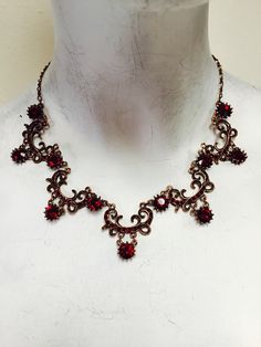 Vintage Red Copper Jewelry, Red Vintage Copper Jewelry, Red Vintage Necklace With Natural Stones, Luxury Red Vintage Necklace, Victorian Bronze Copper Necklace, Medieval Jewelry Necklaces Red, Vintage Red Ceremonial Necklace, Aztec Rings, Victorian Garnet Necklace