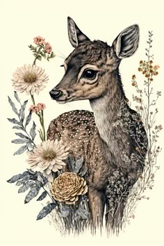 a drawing of a deer surrounded by flowers