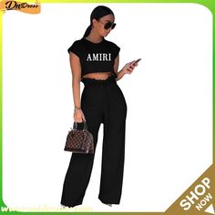 Women's Letter Print Sleeveless Two-piece Pants Set Casual High-waist Two-piece Jumpsuits And Rompers, Casual Two-piece High Waist Jumpsuit, Casual Two-piece High Waist Jumpsuits And Rompers, Casual High-waisted Summer Jumpsuit, Casual High-waisted Jumpsuits And Rompers For Summer, Casual High-waisted Jumpsuit For Summer, Casual Sleeveless Two-piece Jumpsuit, Casual Summer Jumpsuits And Rompers Trouser Style, Casual Two-piece Jumpsuit For Spring