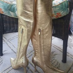 Colin Stuart Leather 25" Tall Gold Metallic Boots. Small Darker Spot Inside Heel Not Noticeable From Sitting Together In Box But Never Worn. Price Firm. Gold Fitted Leather Boots, Fitted Gold Leather Boots, Gold Leather Boots With Almond Toe, Gold Almond Toe Leather Boots, Gold Leather Boots For Evening, Gold Leather Evening Boots, Elegant Gold Boots With Leather Sole, Formal Gold Calf Leather Boots, Luxury Gold Boots