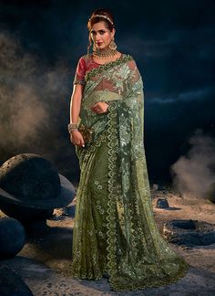 Green Sequence Embroidered Saree Reception Saree, Sequence Saree, Sequin Blouse, Designer Sarees Online, Green Saree, Net Saree, Trendy Sarees, Latest Sarees, Green Sequins