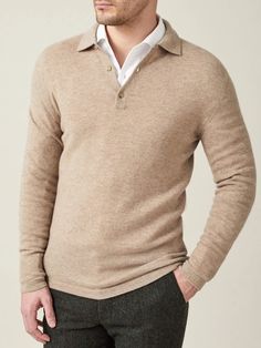 Camel Beige Pure Cashmere Polo Sweater - Crafted in Italy | Luca Faloni Italy Luca, Luca Faloni, Cashmere Polo Sweater, Light Sweaters, Cashmere Suit, Cashmere Polo, Stylish Men Casual, Cashmere Jumper, Cotton Chinos