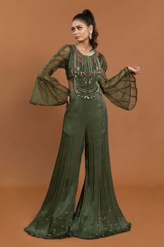 Green jumpsuit with resham embroidered bodice highlighted by crystals, cutdana, sequins and sheer panels. - Aza Fashions Hand Embellished Evening Sets For Eid, Hand Embellished Georgette Party Sets, Embellished Georgette Palazzo Set For Evening, Embellished Georgette Palazzo Set For Party, Party Wear Embellished Floor-length Sets, Embellished Palazzo Set For Evening, Fitted Sequin Palazzo Set For Evening, Embellished Palazzo Set For Evening Party Wear, Evening Floor-length Sets With Dabka Work