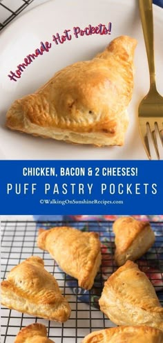 chicken, bacon and cheese puff pastry pockets on a plate with a fork next to it