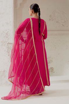 Pink kalidar cut kurta with floral embroidery on the yoke and sleeves. Paired with a chanderi dogri salwar and embroidered organza dupatta. - Aza Fashions Fitted Georgette Sharara With Embroidered Border, Straight Kurta Salwar Kameez With Embroidered Border, Anarkali Cotton Silk Kurta With Embroidered Border, Fitted Palazzo Set With Gota Work And Straight Kurta, Georgette Dress With Embroidered Border In Straight Kurta Style, Festive Cotton Silk Anarkali Set With Embroidered Border, Georgette Dresses With Embroidered Border For Navratri, Navratri Georgette Dress With Embroidered Border, Anarkali Slub Silk Kurta With Embroidered Border