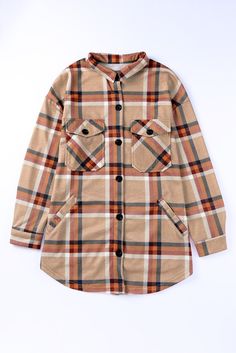 Khaki Chest Pockets Buttoned Oversized Plaid Shacket Top Layering, Lisa Fischer, Fall Winter Jacket, Plaid Shacket, Casual Vest, Long Sleeves Coats, Khaki Color, Workout Jacket, Color Khaki