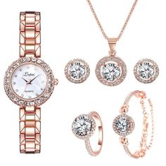 Luxury 6PCS Wristwatche Set Women Rose Gold Quartz Watch Jewelry - Genuine - Gemstone Women's Dress Watches, Crystal Dress, Watch Band Bracelet, Rhinestone Watches, Watch Set, Set Bracelet, Rose Gold Quartz, Crystal Watches, Rose Gold White