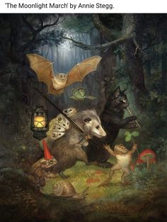 an animal painting with many different animals in the forest, and one is holding a bat