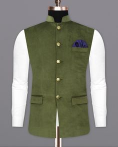 A trend-driven Nehru Jacket cut to a fine silhouette by the French Crown menswear range. Featuring notch lapels, this Nehru Jacket is trimmed with contrast accents for a charismatic look. Two patch pockets complete this piece. In addition to being constructed from Imported Superior Fabrics, French crown Nehru Jackets are built with top quality components and thoughtful construction. 100% Recycled Polyester Fabric. Features: Semi Padded shoulder for a formal silhouette 5-button, Single-breasted c Velvet Nehru Jacket Men, Fitted Green Nehru Jacket For Semi-formal Occasions, Green Fitted Nehru Jacket For Semi-formal Occasions, Formal Nehru Jacket With Stand Collar And Button Closure, Classic Tailored Nehru Jacket With Collar, Semi-formal Nehru Jacket With Stand Collar, Classic Nehru Jacket With Stand Collar, Classic Single Breasted Nehru Jacket With Stand Collar, Green Nehru Jacket For Winter Formal Events