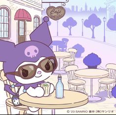 a cartoon character sitting at a table in front of a cafe