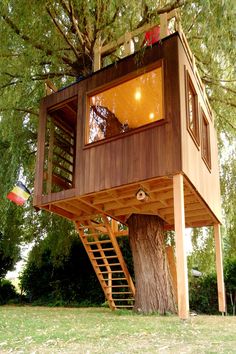 a tree house built into the side of a tree