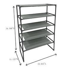 three tiered metal shelving unit with measurements for each shelf and the bottom section