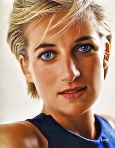 a painting of a woman's face with blue eyes and blonde hair, looking directly into the camera