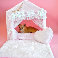 a small brown dog laying on top of a bed covered in white fabric and bows