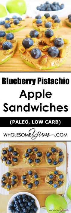 blueberry pistachio apple sandwiches on a cutting board