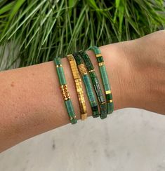 Green and Gold Stackable Beaded Bracelets Glass Tile - Etsy Tila Bead Bracelet, Tila Bracelets, Aztec Jewelry, Stackable Beaded Bracelets, Loom Bracelet, Earrings Diy, Bead Loom, Gold Gift, Elastic Bracelet