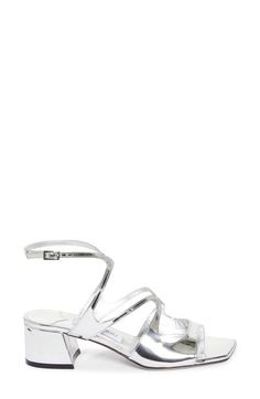 "Find JIMMY CHOO Azilia Ankle Strap Sandal on Editorialist. Sinuous straps create the cage-inspired silhouette of a silver patent-leather sandal that's framed with an angular toe and curved block heel. 1 3/4\" (44mm) heel (size 38.5) Adjustable ankle strap with buckle closure Leather upper, lining and sole Imported Designer Shoes" Silver Leather Ankle Strap Sandals, Silver Ankle Strap T-strap Sandals For Summer, Silver Almond Toe Sandals With 4-inch Heel, Luxury Heels With Silver-tone Hardware, Ankle Strap, Silver Sandals With 4-inch Heel And Ankle Strap, Womens Strappy Sandals, Latest Sandal, T Strap Flats, Ankle Strap Wedges