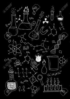 a black and white drawing of science related items