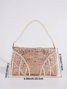 Introducing the Vincy Glitter Pearl Handbag, the perfect accessory for an elegant evening. This sparkling clutch for women features shimmering glitter and beautiful pearls, adding a touch of glamour to any outfit. Expertly crafted for a stunning and sophisticated look. Color : Champagne Details : Contrast Sequin, Pearls Magnetic : No Pattern Type : Geometric Style : Glamorous Bag Size : Small Closure Type : Zipper Strap Type : Top Handle Type : Square Bag Material : PVC Composition : 100% Polyester Bag Height Bag Length Bag Width 13 20.5 3 Luxury Pearl Evening Bag For Party, Chic Pearl Embellished Evening Bag For Party, Gold Pearl Evening Bag For Events, Glamorous Evening Clutch With Glitter, Glamorous Glitter Clutch For Evening, Gold Pearl Clutch For Parties, Elegant Embellished Evening Bag For Party Season, Gold Pearl Party Clutch, Party Gold Pearl Clutch