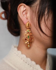 Gold-Plated Copper Byzantine-Style Ornate Ear Cuffs, showcasing exquisite craftsmanship and a luxurious aesthetic. Elegant Ceremonial Jeweled Earrings, Byzantine Aesthetic, Gold Dangling Earrings, Flamenco Costume, Spanish Flamenco, Luxurious Aesthetic, Whimsical Jewelry, Earrings Aesthetic, Whimsical Fashion