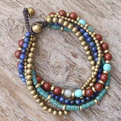 Multi-gemstone beaded bracelet, 'Beads and Bells' - Multi Gemstone Beaded Bracelet from Thailand Diy Bijou, Making Bracelets With Beads, Beaded Jewelry Bracelets, Diy Beaded Bracelets, Beaded Jewelry Necklaces, Diy Jewelry Necklace, Beaded Bracelets Tutorial, Beaded Necklace Diy, Lapis Lazuli Beads