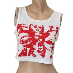 New W/O Tag Size: M Graphic Portrait Printed Crop Top 90% Polyester/10% Elastane W/ Stretch Chest: 16 1/2" Length: 15 1/2" Red Tank Top For Streetwear, White Summer Streetwear Tops, Summer White Tops For Streetwear, White Tops For Summer Streetwear, White Sleeveless Crop Top For Streetwear, Fitted Red Crop Top With Graphic Print, Red Y2k Sleeveless Crop Top, Red Sleeveless Y2k Crop Top, White Fitted 90s Style Tops