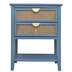 a blue nightstand with two drawers and wicker baskets on the bottom, against a white background