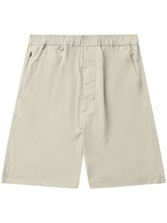 beige cotton logo patch to the rear elasticated waistband two diagonal pockets to the sides two rear welt pockets straight leg knee-length Relaxed Fit Cotton Neutral Shorts, Neutral Cotton Relaxed Fit Shorts, Beige Bottoms With Patch Pockets For Summer, Casual Khaki Shorts For Work, Casual Cream Cotton Shorts, Beige Summer Bottoms With Patch Pockets, Relaxed Fit Shorts With Pockets And Straight Hem, Summer Khaki Shorts With Patch Pockets, Classic Cotton Shorts With Side Pockets