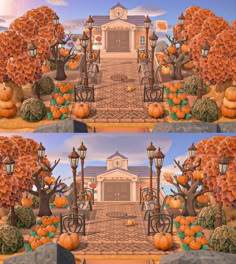 there are two pictures of pumpkins in front of a house with trees and lanterns