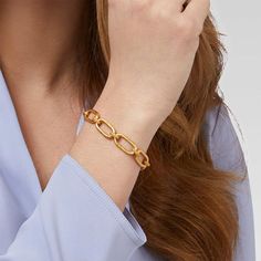 Trieste Link Bracelet with paperclip links in 24k Gold plate with toggle caps Approx 8 inches long 24k Gold plate Signature Packaging Toggle closure Derby Fascinator, Julie Vos, Mirror Artwork, Headband Jewelry, Port City, Area Rug Runners, Holiday Earring, Silk Road, Trieste