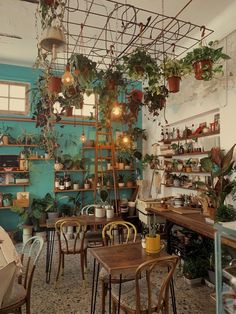 a room filled with lots of potted plants next to wooden tables and stools