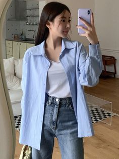 Blue Casual Collar Long Sleeve Cotton Striped Shirt Embellished Non-Stretch Spring/Fall Women Clothing Collar Shirt Outfit Women, Blue Chemise Outfit, Styling Basic Clothes, Outfit Chemise Bleu, Outfits Camisa Azul, Blue Shirts Women, Blue Shirt Women Outfit, Blue Button Up Shirt Outfit, Shirt Outfits Women Casual