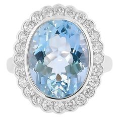 This collection features an array of aquamarines with an icy blue hue that is as cool as it gets! Accented with diamonds these rings are made in white and present a classic yet elegant look. Classic aquamarine ring in 18K white gold with diamonds. Aquamarine: 7.16 carat oval shape. Diamonds: 0.81 carat, G colour, VS clarity. Gold: 7.64g, 18K white gold. Ring Size: US 6.25 - Size can be adjusted for free upon request - please reconfirm with your order. R1102/SNR993AQD Formal Light Blue Diamond Ring, Formal Light Blue Aquamarine Diamond Ring, Luxury White Gold Ring With Aquamarine, Luxury Aquamarine Diamond Ring With Prong Setting, Luxury White Gold Aquamarine Ring, Luxury Diamond White Topaz Ring With Gemstone, Luxury Aquamarine Rings With Prong Setting, Luxury Platinum Topaz Ring With Accent Stones, Luxury Oval Diamond Topaz Ring